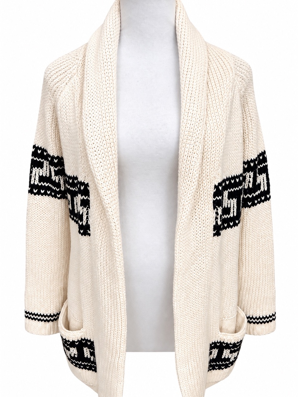 Cream & Black Open-Front Knit Cardigan Sweater Size Small